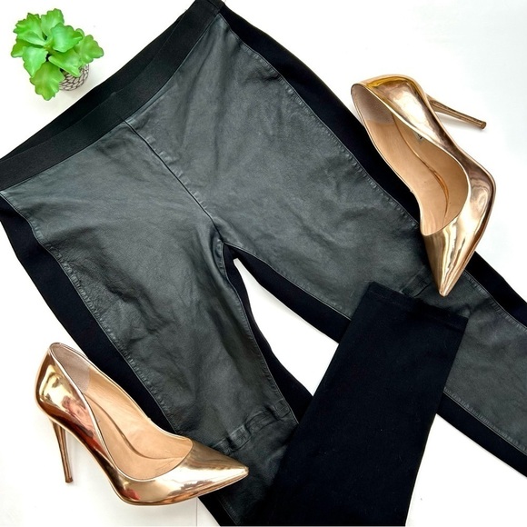 Eileen Fisher Black Lamb Leather Panel Leggings / Pants Viscose Ponte Size Small - Picture 2 of 12